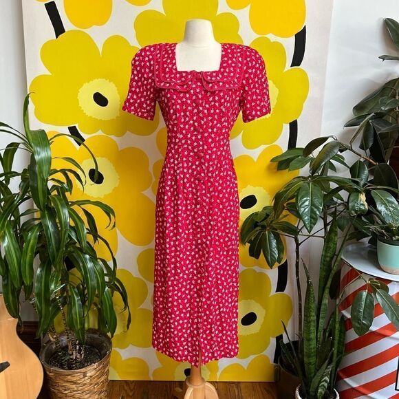 Vintage Peak 90s Teacher Academia Cottage Red Floral Button Front Dress - Picture 1 of 10